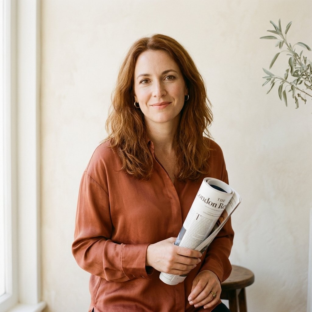 Portraitfoto von Annika Weißmann, Chefredakteurin der Glückskindfabrik, vor cremefarbenem Redaktionshintergrund