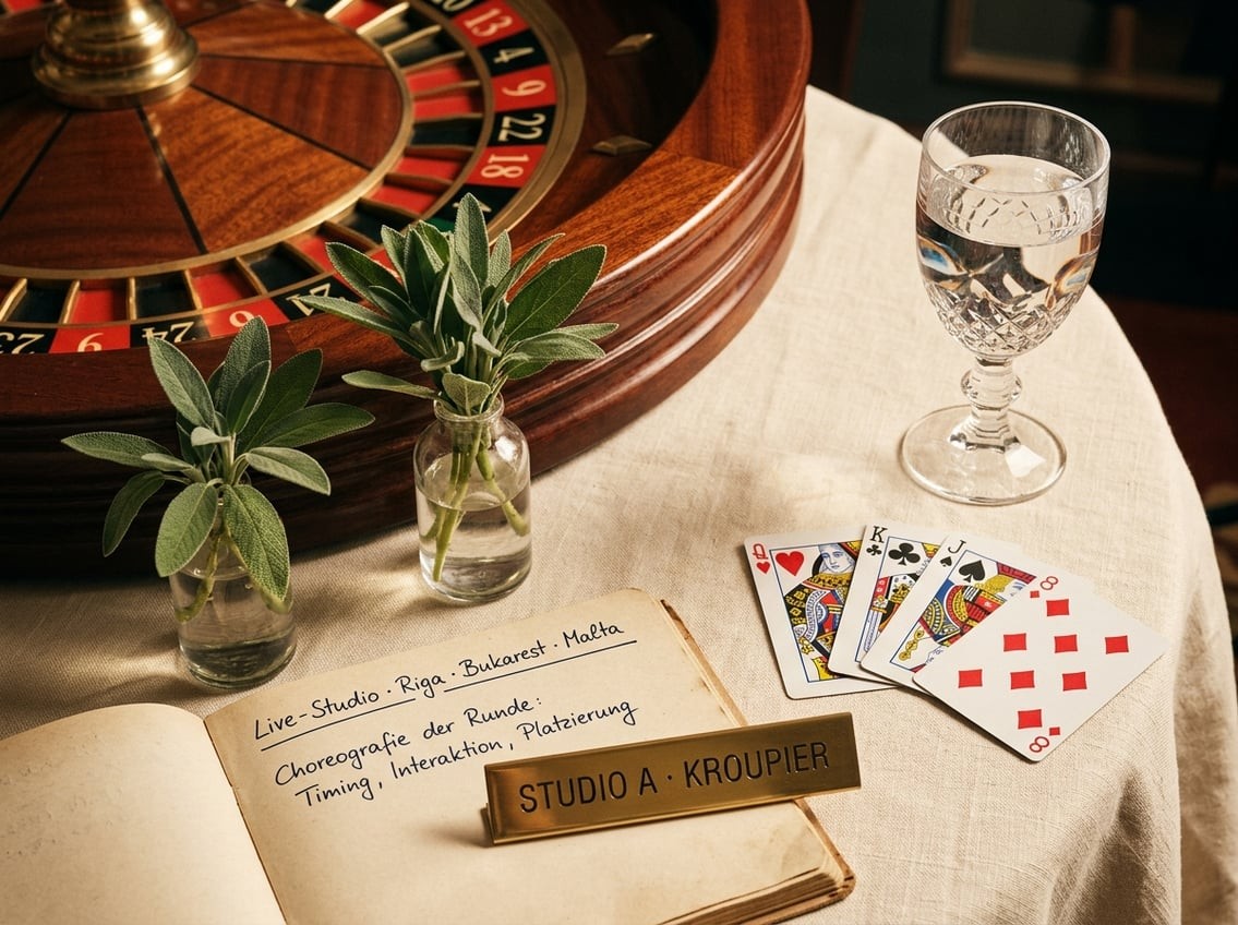 Redaktionelles Stillleben eines Live-Dealer-Studios in warmem Licht mit Roulette-Kessel, Kartenspielen und einer Vase mit Salbeizweigen auf cremefarbenem Untergrund