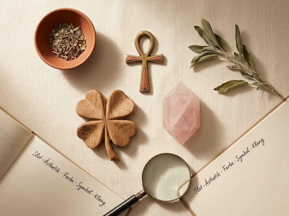 Redaktionelles Stillleben mit stilisierten Slot-Symbolen — ein goldenes Ankh, ein Kleeblatt, ein Kristall — arrangiert auf cremefarbenem Untergrund mit Terracotta- und Salbeigrün-Akzenten