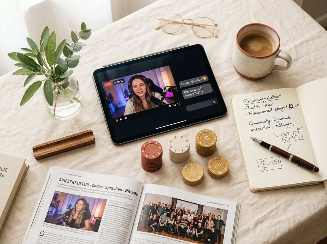 Redaktionelles Stillleben eines Community-Arbeitsplatzes mit Tablet, Casino-Chips als Marker, einer Tasse Kaffee und einem aufgeschlagenen deutschen Magazin auf cremefarbenem Untergrund