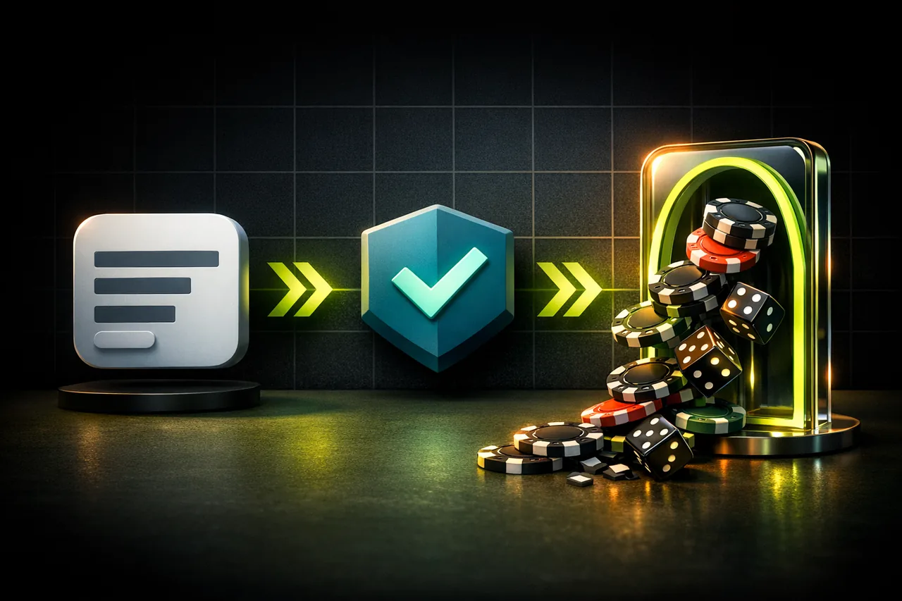 Drei schwebende Flowchart-Knoten mit Registrierungsformular, Verifizierungs-Schild und Casino-Chips-Portal, verbunden durch limettenfarbene Chevron-Pfeile, Illustration Anmeldeprozess