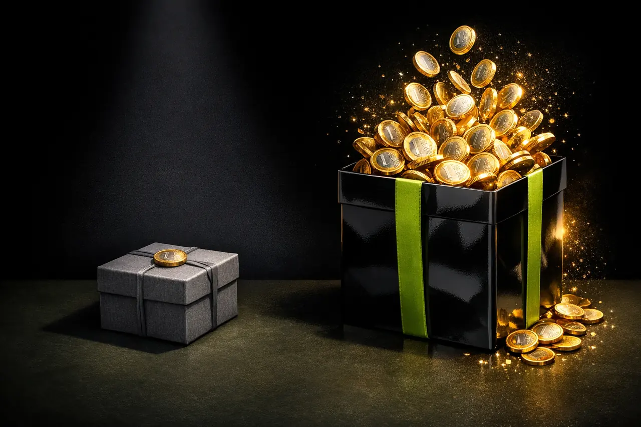 Zwei Geschenkboxen im Vergleich, links kleine graue Box mit einer Euro-Münze, rechts große schwarze Box mit limettengrünem Band und aufsteigendem Euro-Goldstrom, Bonus GGL gegen Offshore