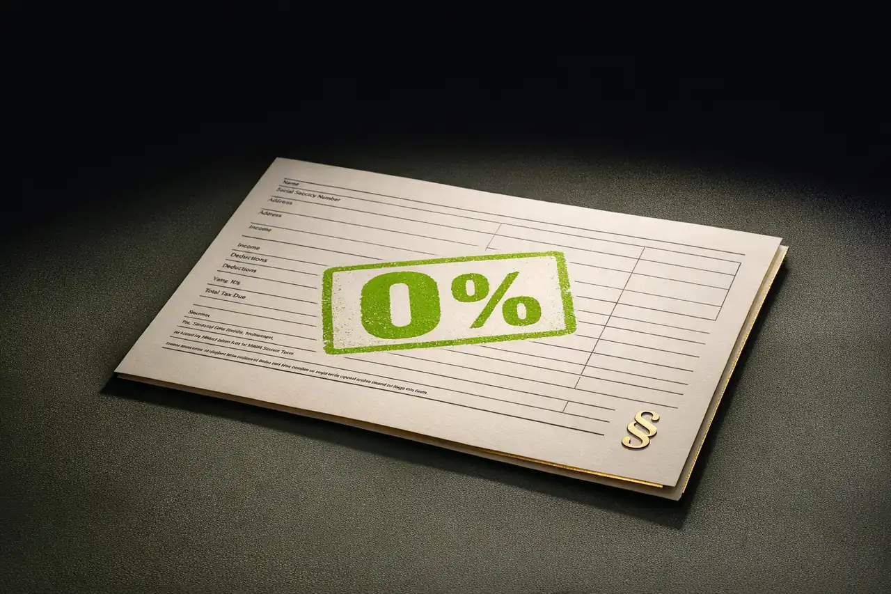 Editorial Rendering eines Steuerformulars mit einem 0-Prozent-Stempel als Symbol für steuerfreie private Casino-Gewinne in Deutschland