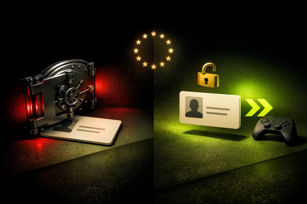 Editorial 3D Rendering eines Ausweisdokuments links unter schwerem geschlossenen Tresor und rechts frei schwebend mit offenem Goldschloss und Chevron zur Spielkonsole, Illustration deferred KYC gegen sofortiges Spiel