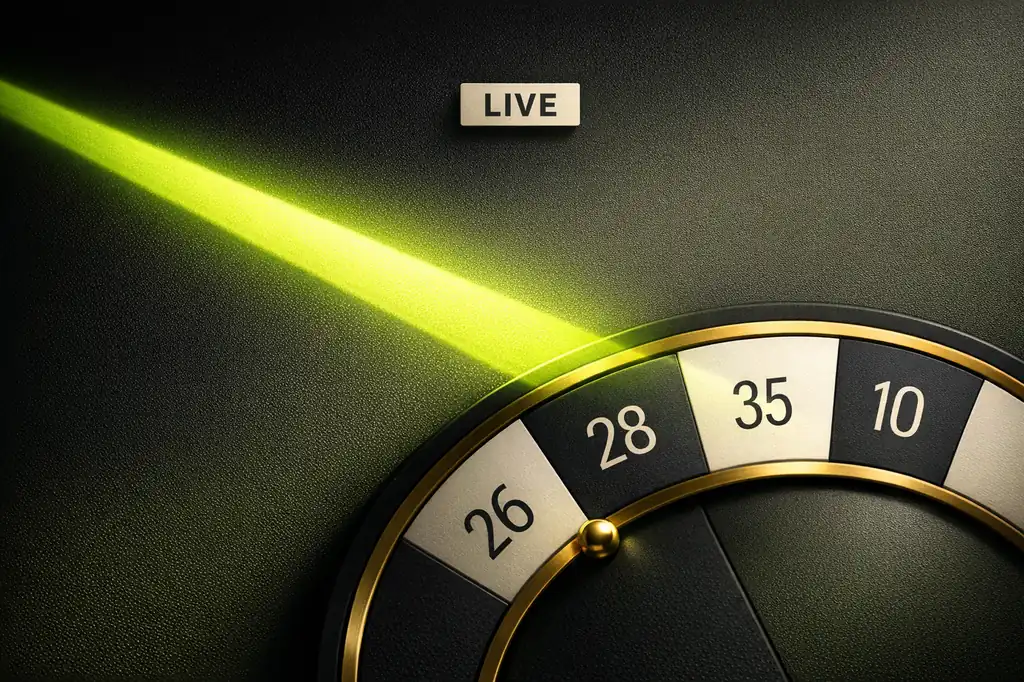 Editorial Rendering eines Live-Casino-Roulettetisches mit Studio-Spotlight, Illustration zum Live Casino Guide