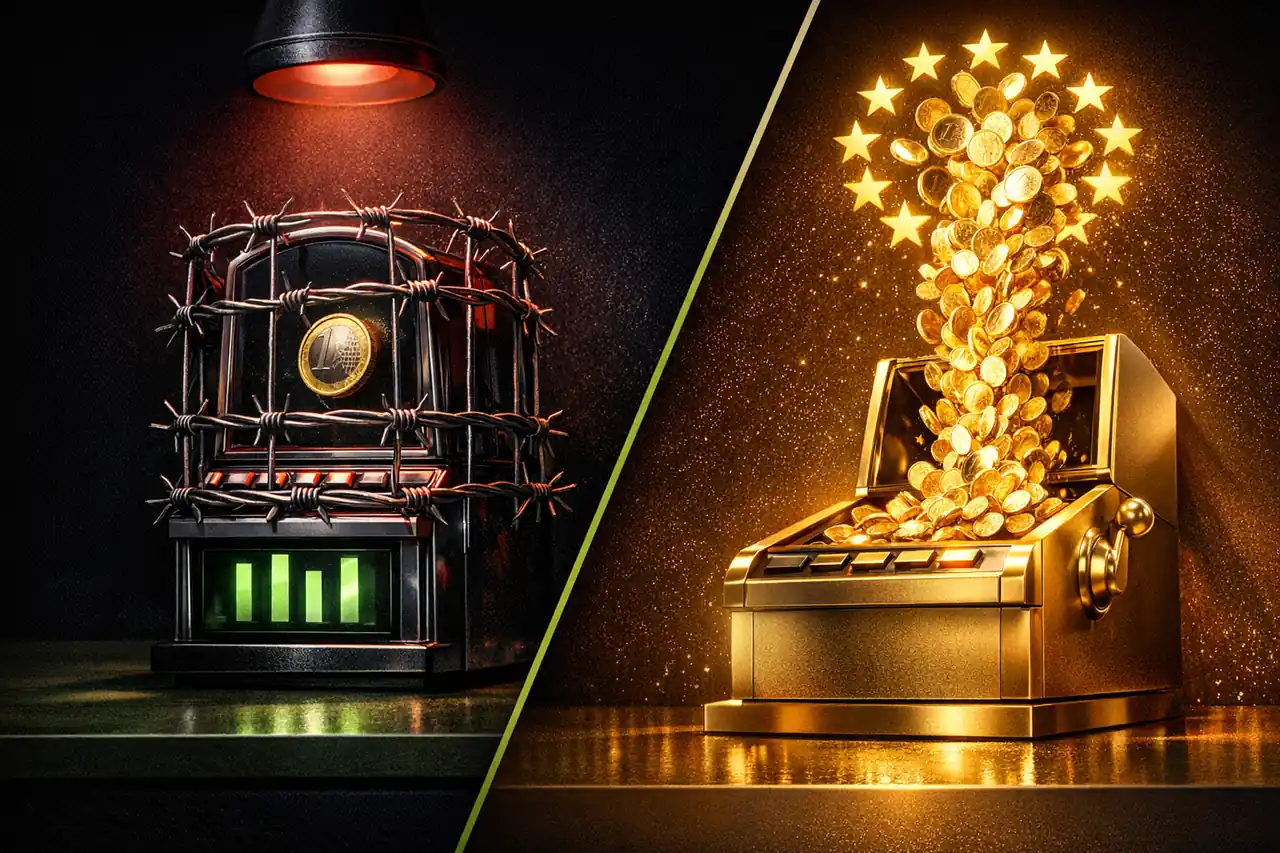Split-Rendering deutsches GGL-Casino im Käfig mit gefangener Ein-Euro-Münze gegen offenes Offshore-Casino mit strömenden Euro-Münzen und EU-Sternen, Vergleich Einzahlungslimit