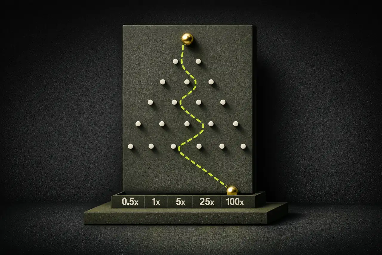 Diagramm eines Plinko-Peg-Boards mit der Falltrajektorie einer Kugel und den unteren Multiplikator-Zonen